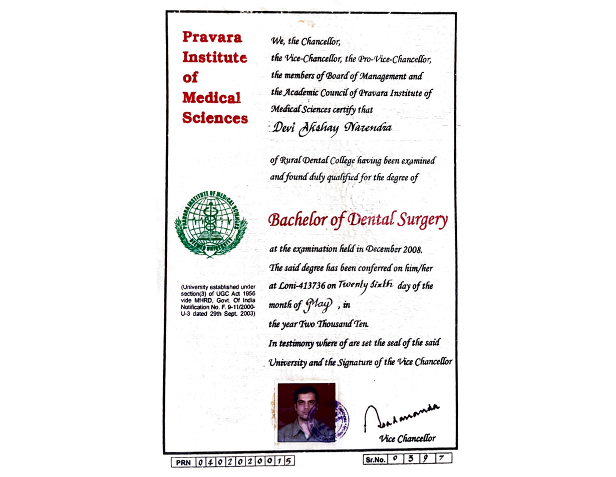 Dr. Akshay Devi Certificate of Bachelor of Dental Surgery