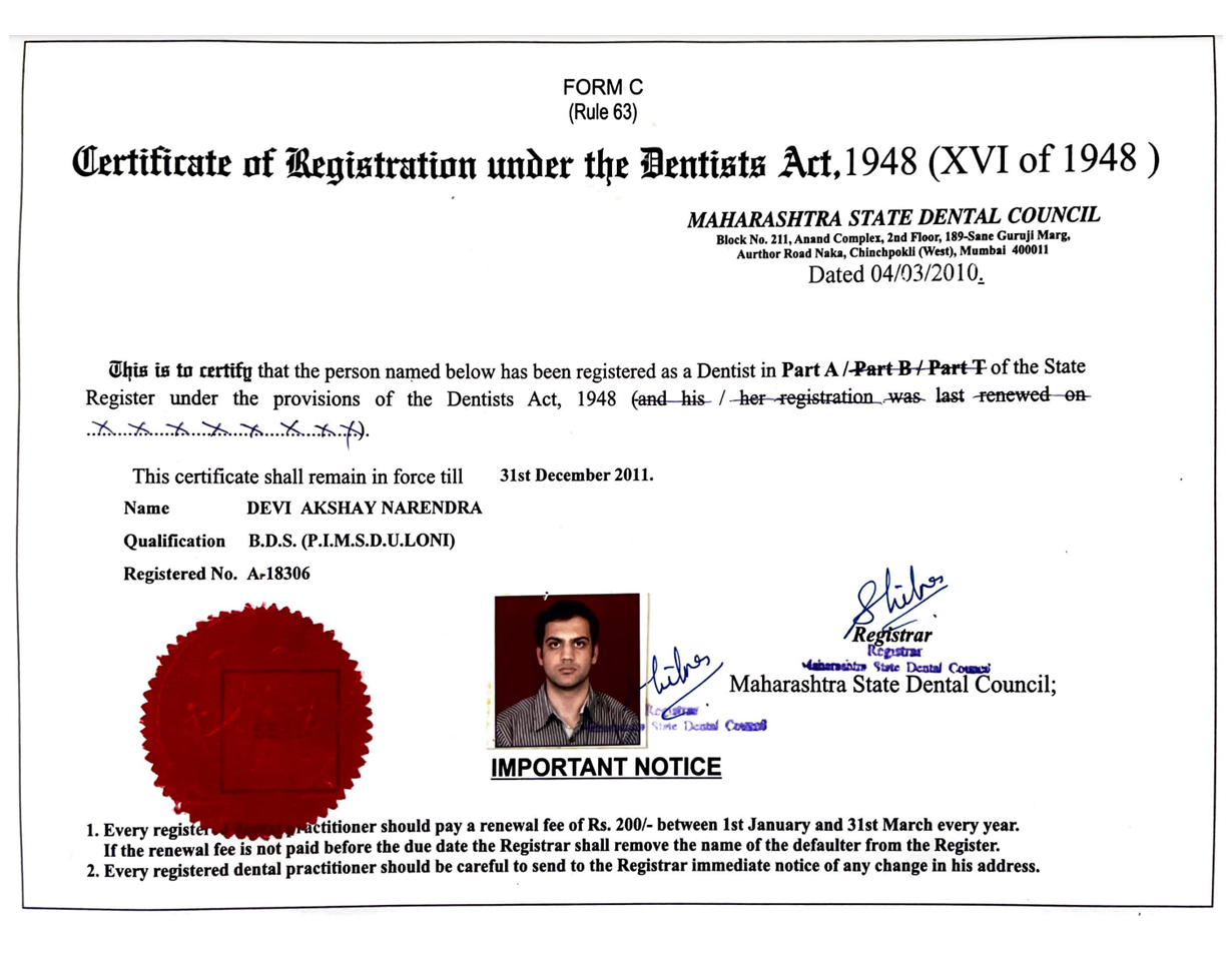 Dr. Akshay Devi Certificate of Registration under Dentists Act