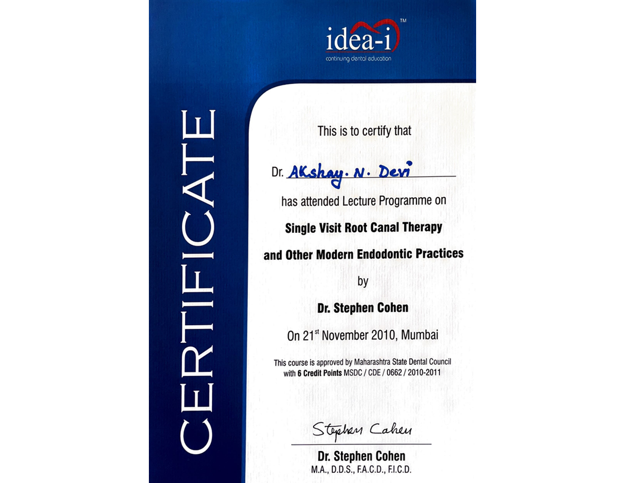 Dr. Akshay Devi Certificate of Root Canal Therapy and modern Endodontic Practices